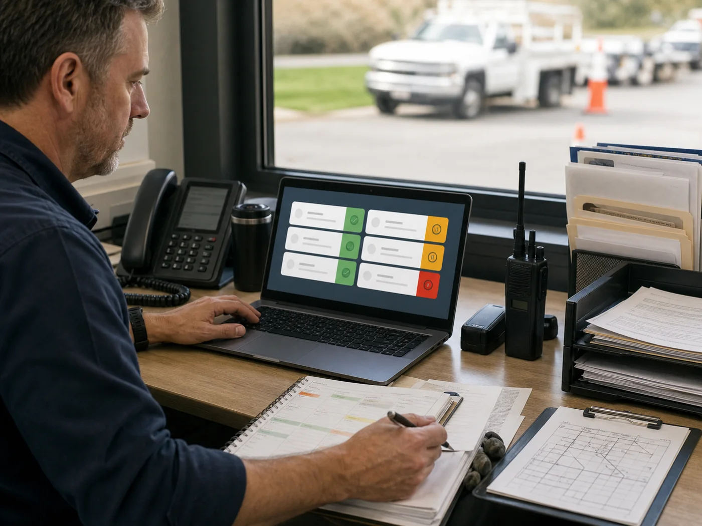 A dispatcher reviewing a prepared work queue on a laptop beside the tools used by a field-service team