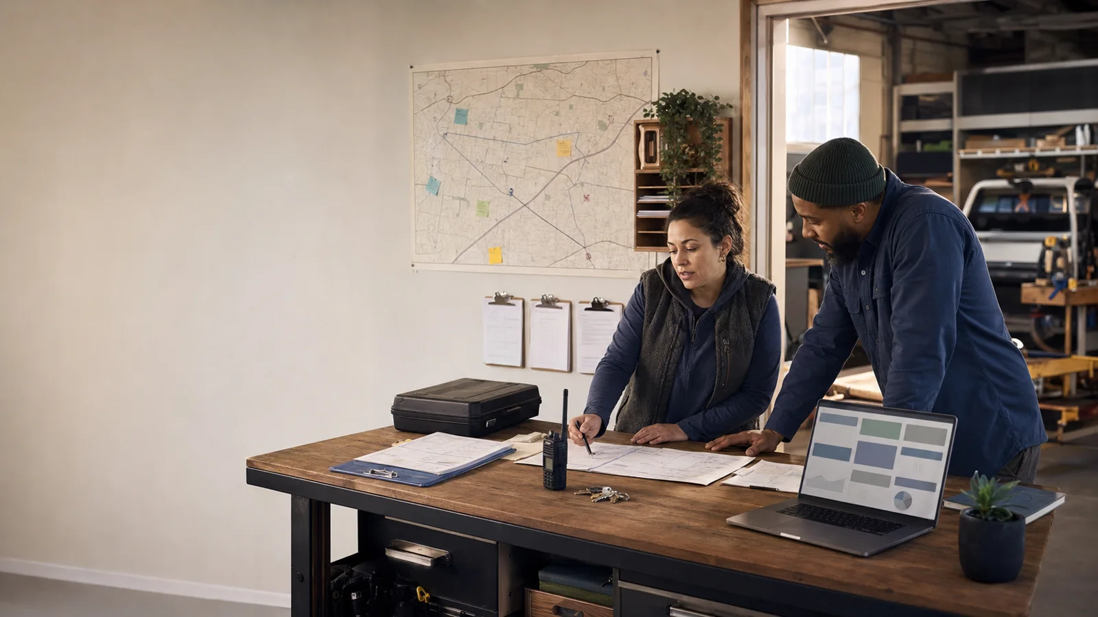 Two service-business operators planning the day around a worktable in a connected workshop office